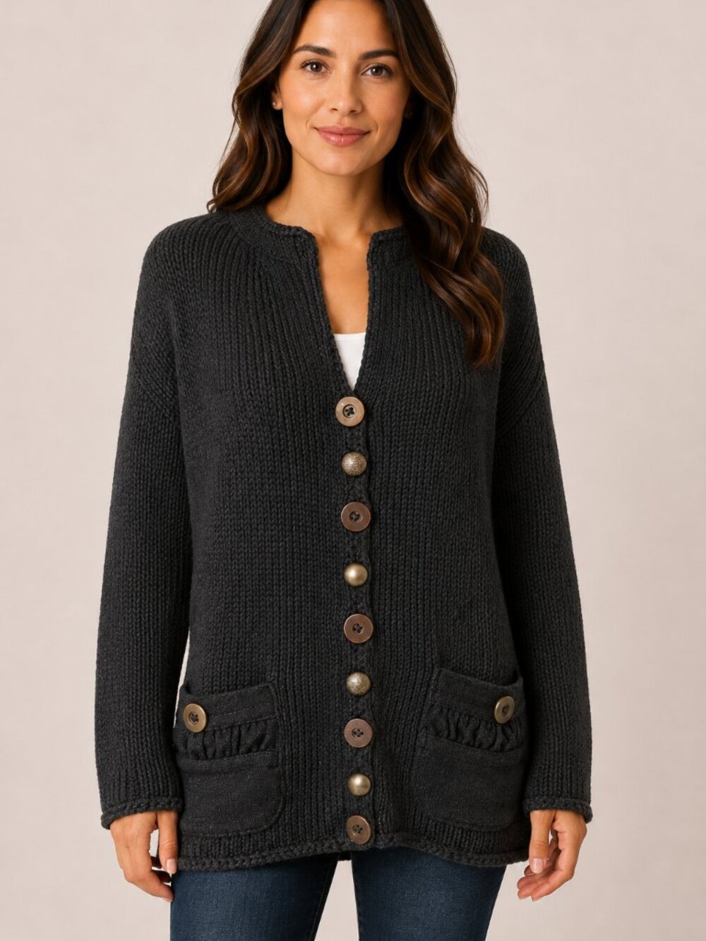 Pure Handknit L/XL Black Cotton Cardigan Handmade Thailand Mixed Buttons